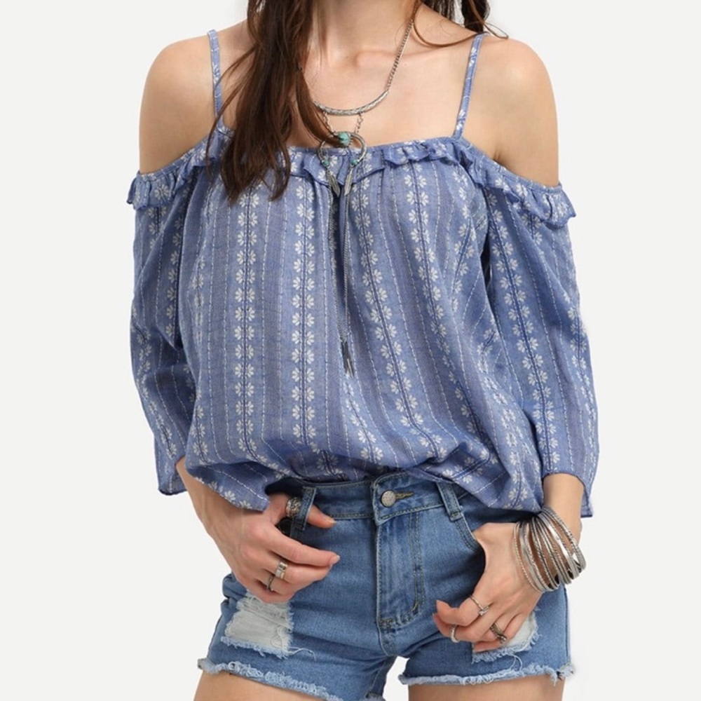 SHEIN Blue Open Shoulder Ruffle Blouse